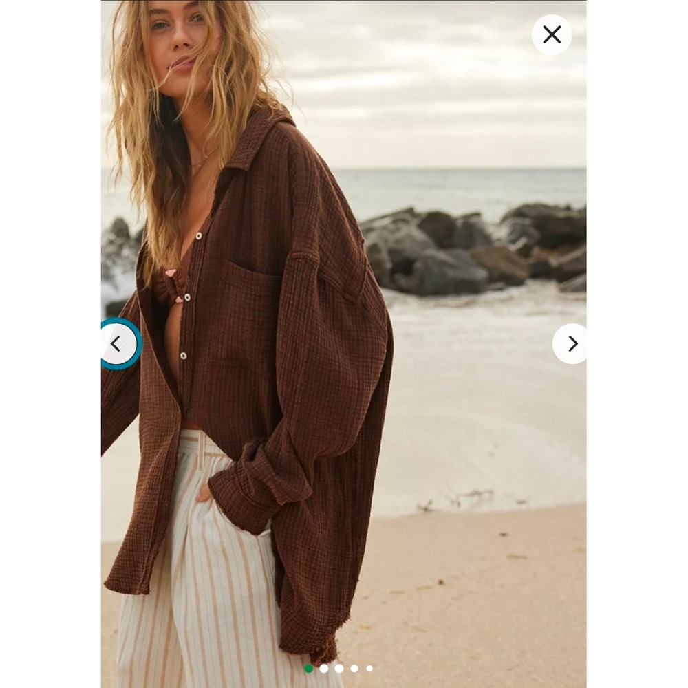 Aerie Brown Gauze Chocolate Gauze Oversz Button Down Shirt Cotton Raw Hem Medium
